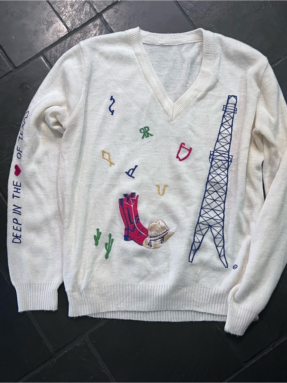 Vintage 70s 80s Texas Novelty V-Neck Knit Sweater Western Cowboy